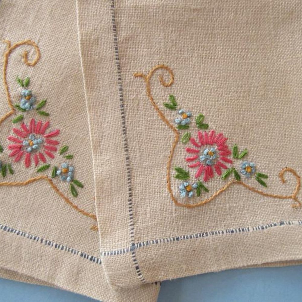 Beige linen 10" square cloth napkins pink hand embroidered flower - set of 4